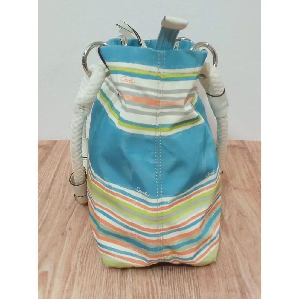 Coach Nautical Beach Multi Stripe East West Tote Bag Purse Seahorse Charm RARE